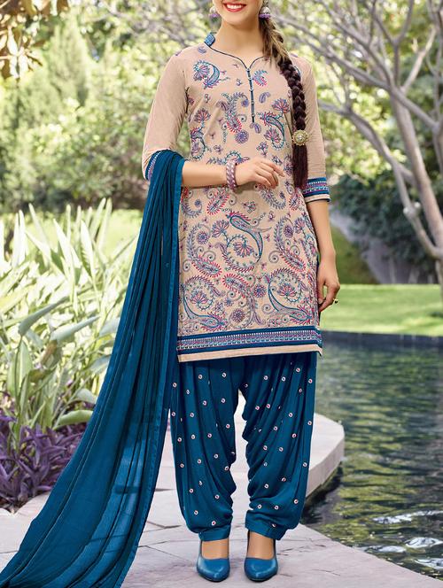 cream cotton patiyala suits unstitched suit - 14469952 - Very Small Image - 1