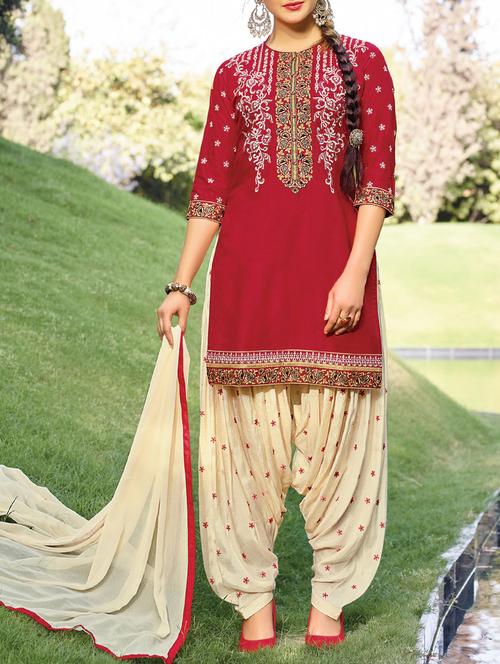 red cotton patiyala suits unstitched suit - 14469955 - Very Small Image - 1