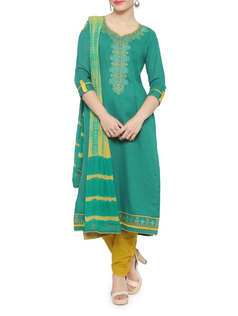 green cotton straight pant suits unstitched suit