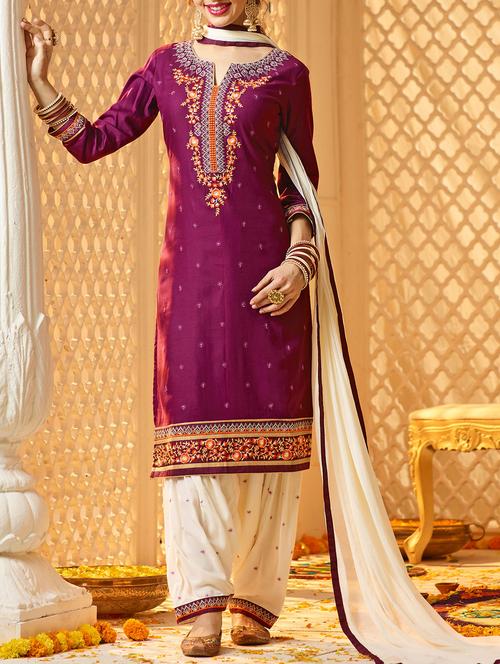purple cotton patiyala suits unstitched suit - 14469996 - Very Small Image - 1