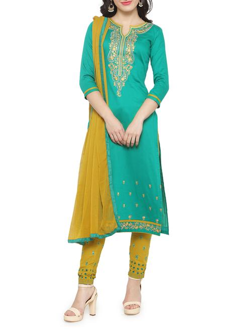 green cotton straight pant suits unstitched suit - 14470004 - Very Small Image - 1