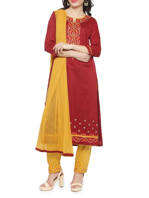 red cotton straight pant suits unstitched suit - 14470006 - Very Small Image - 1