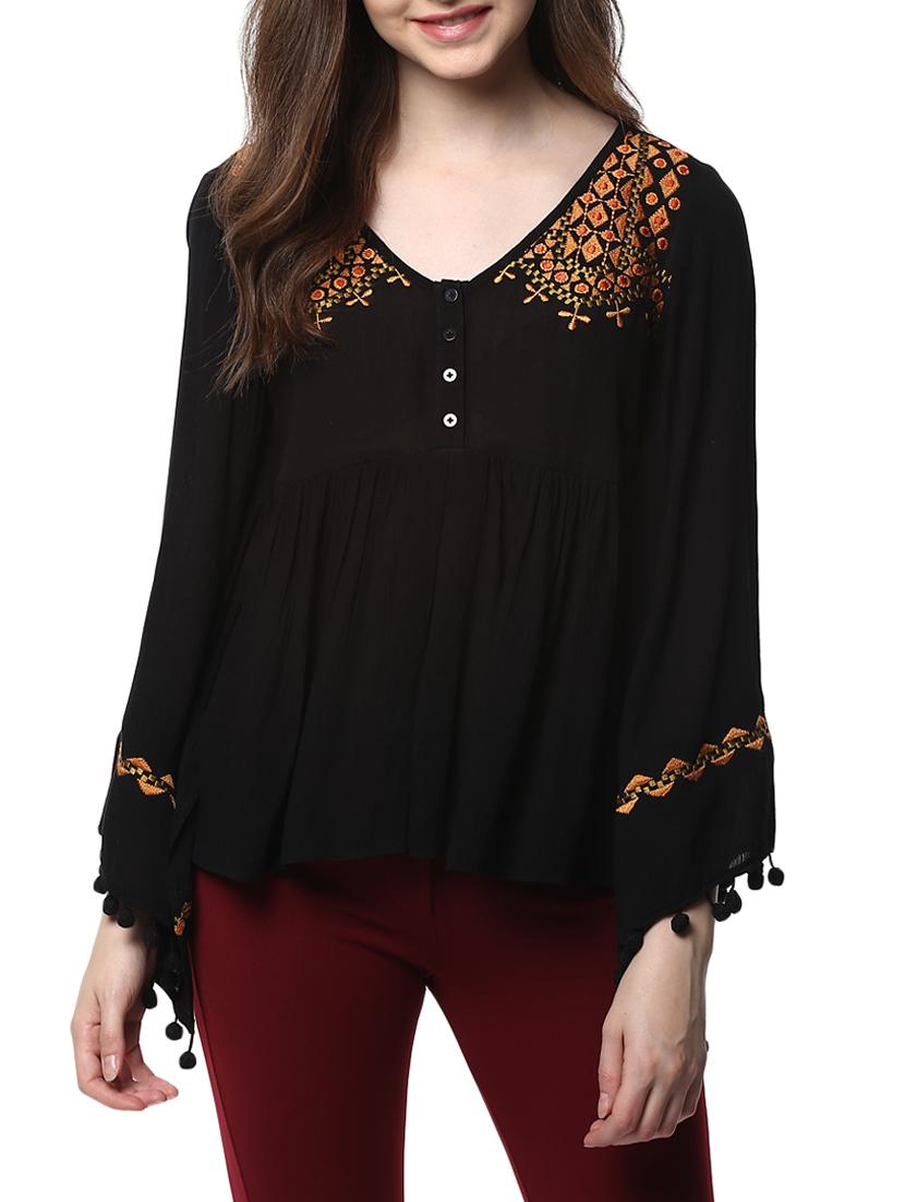 black a-line embroidered top