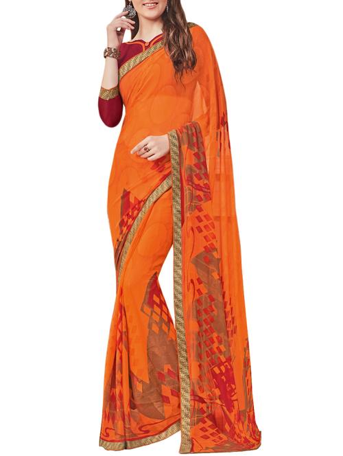 orange georgette printed saree with blouse - 14470393 - Very Small Image - 1