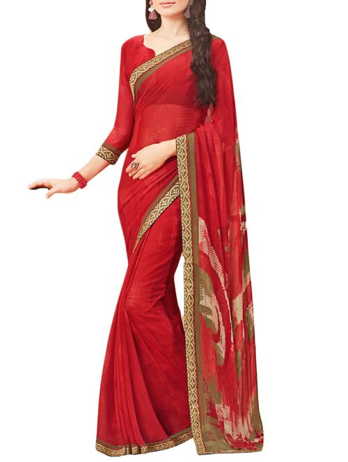 red georgette printed saree with blouse - 14470399 - Standard Image - 1