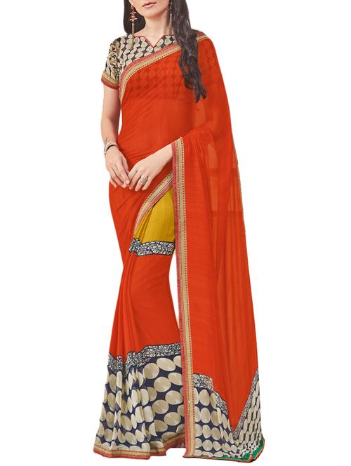 orange georgette printed saree with blouse - 14470401 - Very Small Image - 1