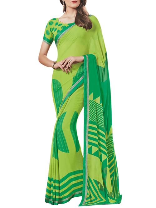 green georgette printed saree with blouse - 14470402 - Very Small Image - 1
