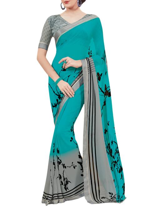 blue georgette printed saree with blouse - 14470415 - Very Small Image - 1