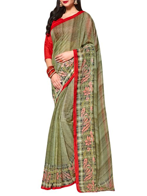 green cotton silk printed saree with blouse - 14470423 - Very Small Image - 1