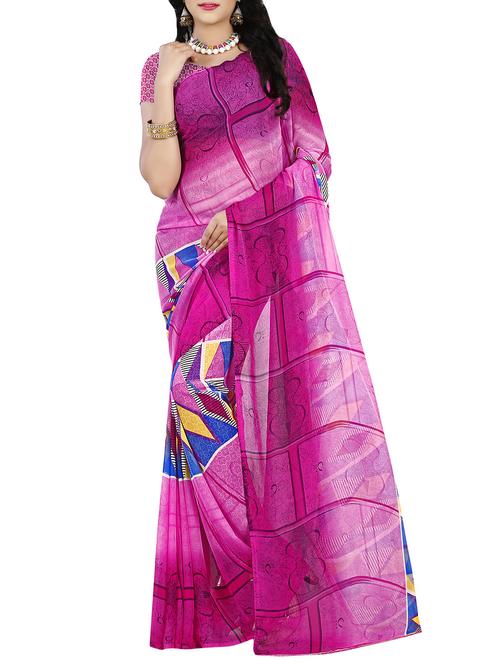 pink faux georgette printed saree with blouse - 14470452 - Very Small Image - 1
