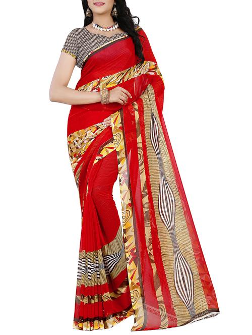 red faux georgette printed saree with blouse - 14470460 - Very Small Image - 1
