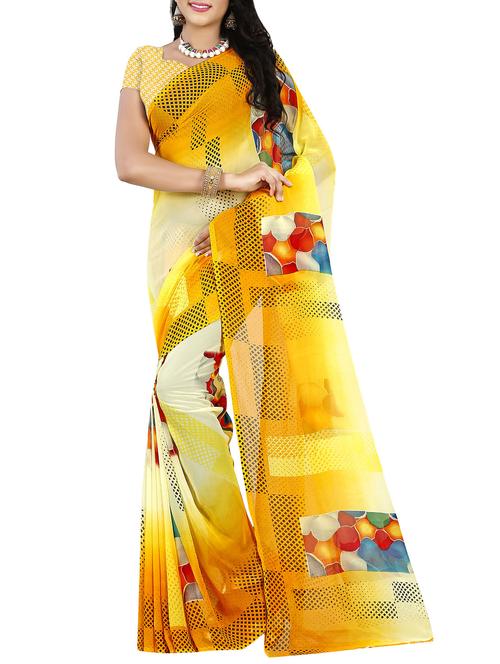 yellow faux georgette printed saree - 14470466 - Very Small Image - 1