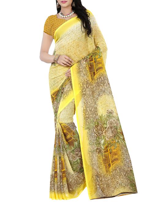 yellow faux georgette printed saree with blouse - 14470468 - Very Small Image - 1
