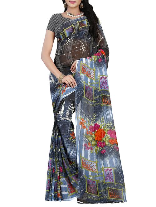 grey faux georgette printed saree with blouse - 14470472 - Very Small Image - 1