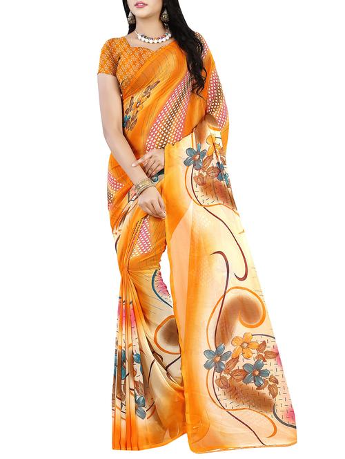 orange faux georgette printed saree with blouse - 14470477 - Very Small Image - 1