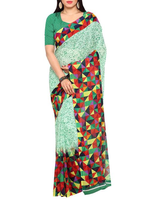 green faux georgette printed saree with blouse - 14470837 - Very Small Image - 1
