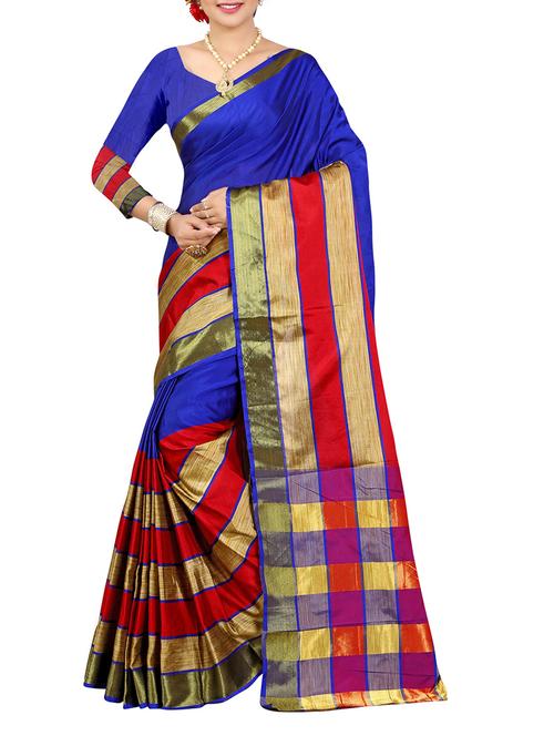 blue and red bordered saree with blouse - 14471090 - Very Small Image - 1