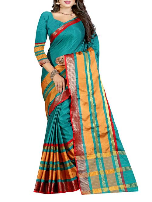 Turquoise bordered saree with blouse - 14471110 - Very Small Image - 1