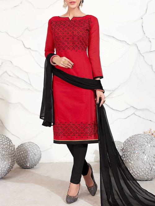 red chanderi cotton churidaar suits dress material - 14471140 - Standard Image - 1