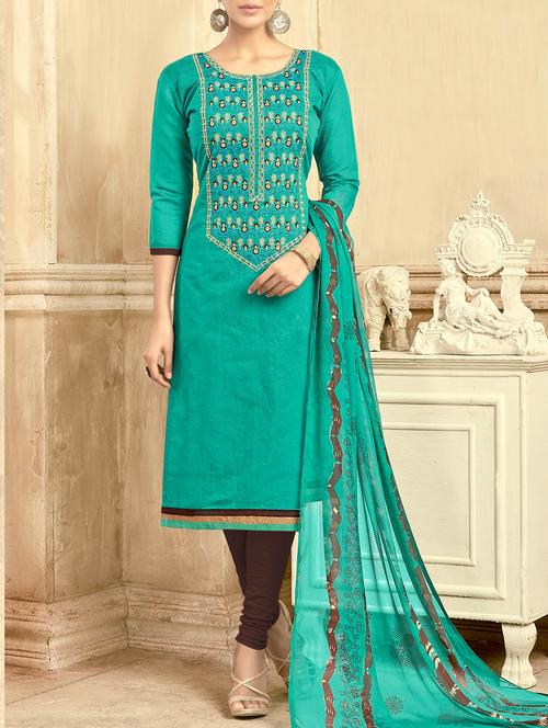turquoise chanderi cotton churidaar suits dress material - 14471150 - Very Small Image - 1