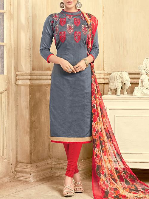 grey chanderi cotton churidaar suits dress material - 14471152 - Very Small Image - 1