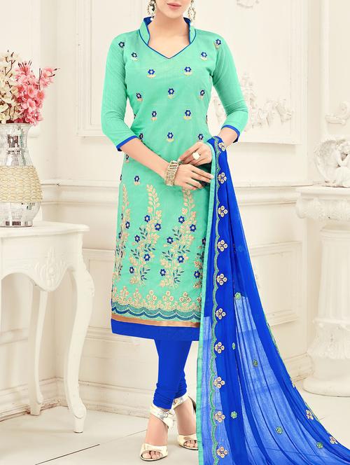 turquoise chanderi cotton churidaar suits dress material - 14471162 - Very Small Image - 1