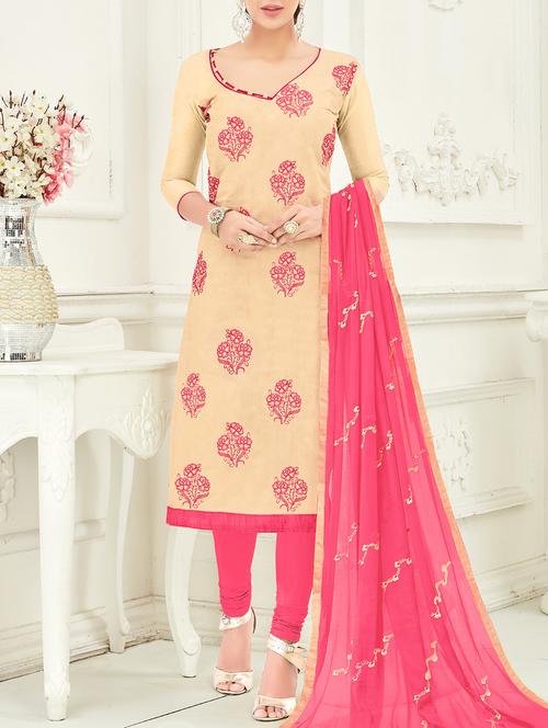 beige chanderi cotton churidaar suits dress material - 14471167 - Very Small Image - 1