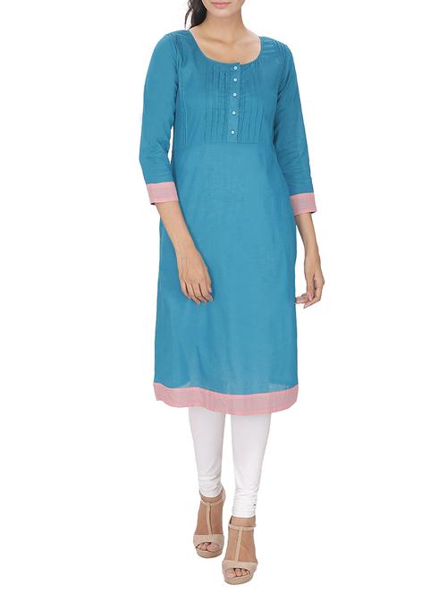 turquoise cotton straight kurta - 14471263 - Very Small Image - 1