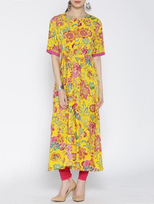 yellow rayon flared kurta - 14472139 - Standard Image - 1