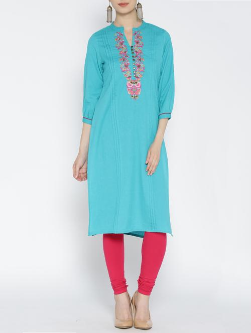 turquoise cotton straight kurta - 14472141 - Standard Image - 1