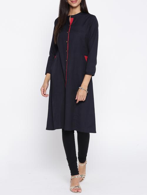 black cotton aline kurta - 14472176 - Standard Image - 1