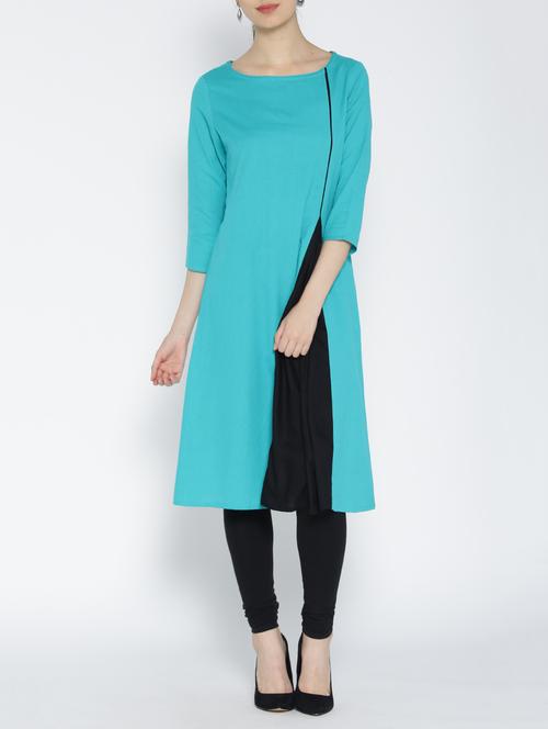 turquoise cotton aline kurta - 14472178 - Standard Image - 1