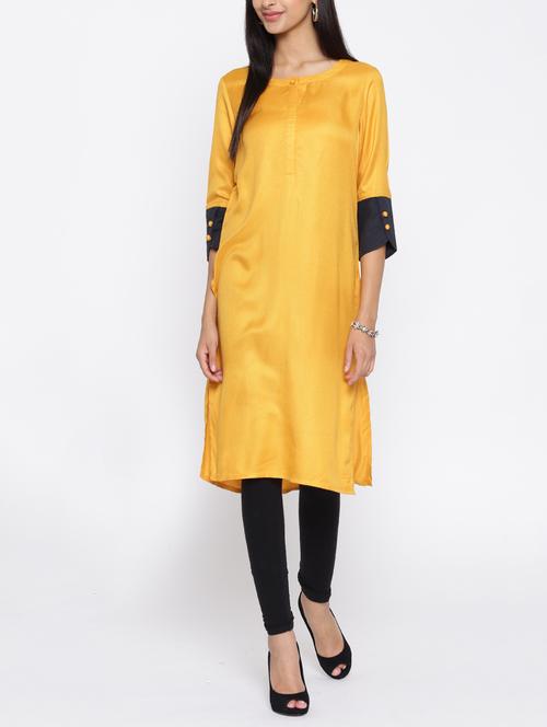 mustard rayon straight kurta - 14472180 - Very Small Image - 1