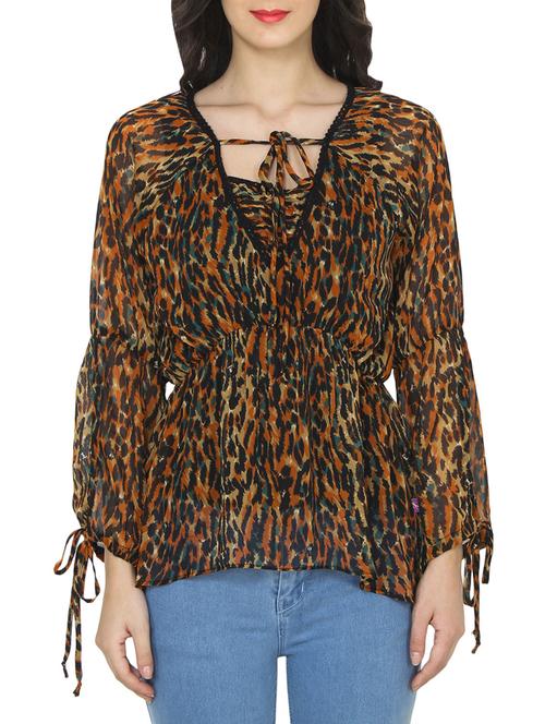 brown chiffon printed top - 14472283 - Standard Image - 1