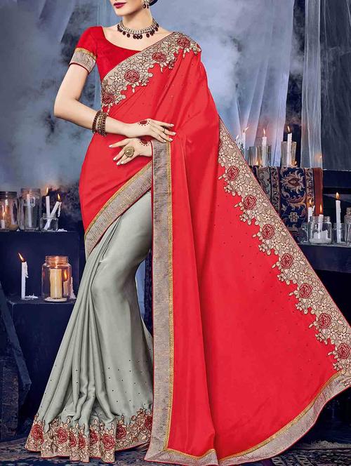 red georgette embroidered saree with blouse - 14472485 - Very Small Image - 1