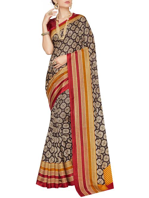 brown poly cotton printed saree with blouse - 14472654 - Very Small Image - 1