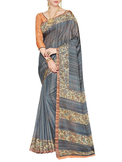 grey poly cotton printed saree with blouse - 14472655 - Very Small Image - 1