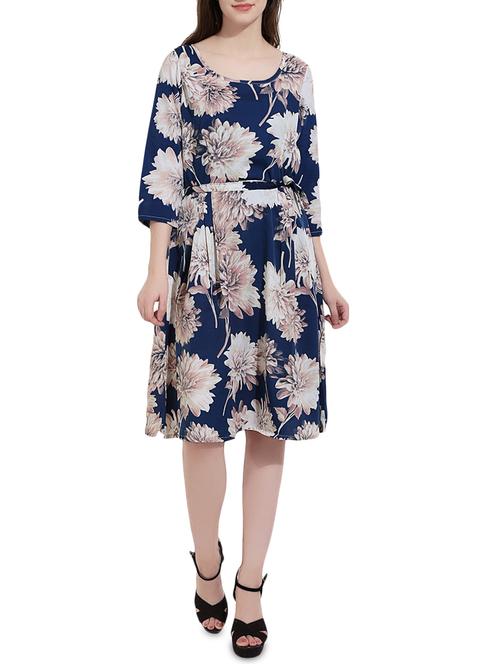Navy blue printed a-line dress - 14473041 - Very Small Image - 1