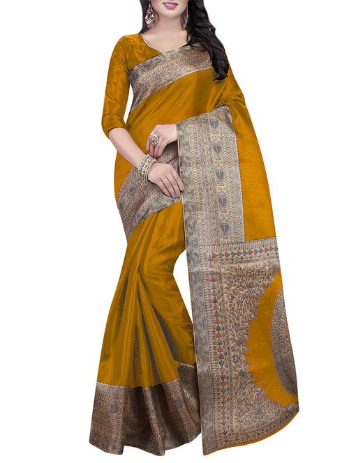 mustard silk blend printed saree with blouse - 14473092 - Very Small Image - 1