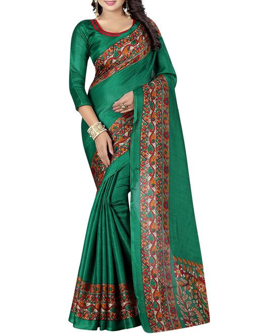 green silk blend printed saree with blouse - 14473098 - Very Small Image - 1