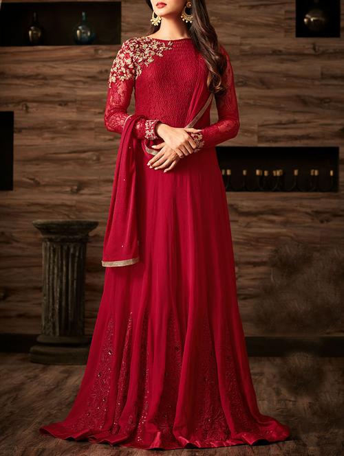 red georgette anarkali semistitched suit - 14473138 - Very Small Image - 1