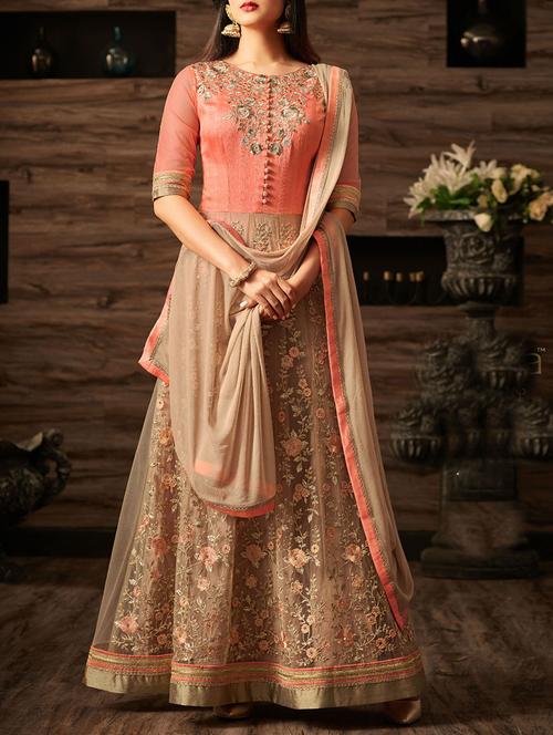 beige anarkali semi-stitched suit - 14473139 - Very Small Image - 1