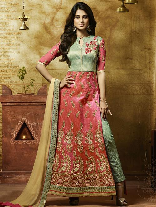 pink semi-stitched straight pant suit - 14473174 - Very Small Image - 1