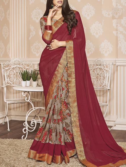 maroon georgette half & half saree with blouse - 14473209 - Very Small Image - 1