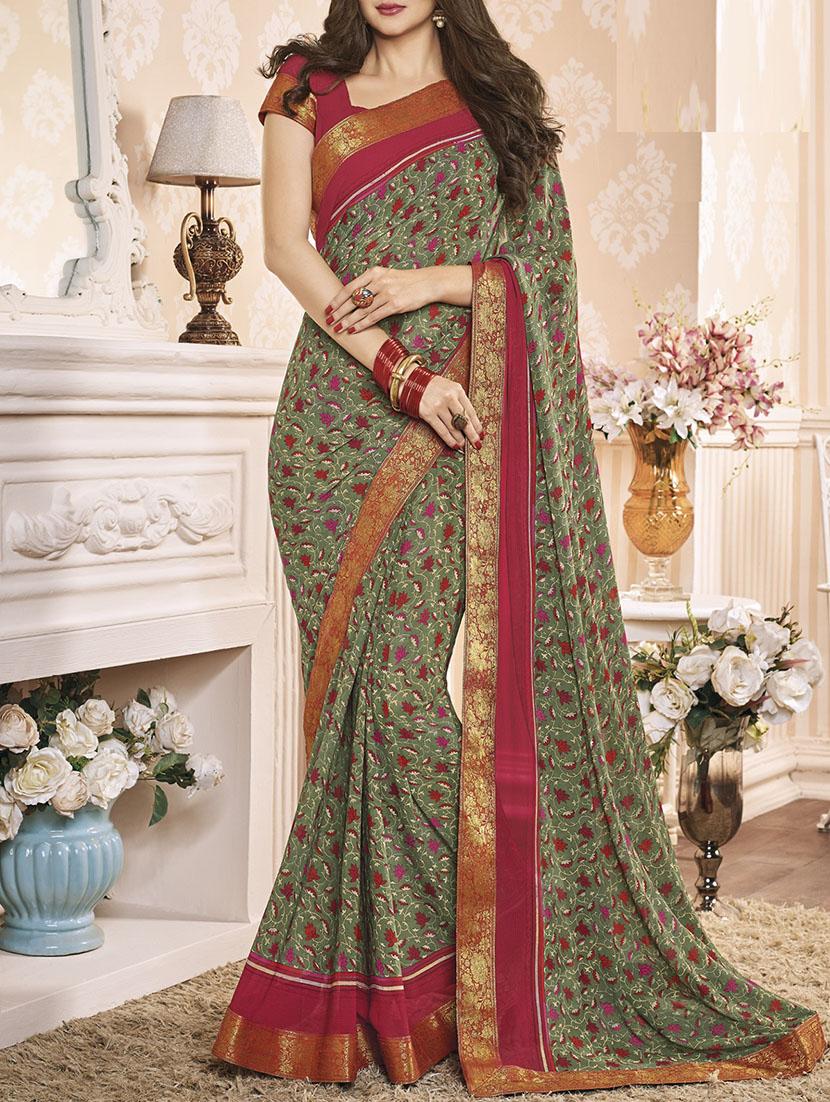 green georgette printed saree with blouse