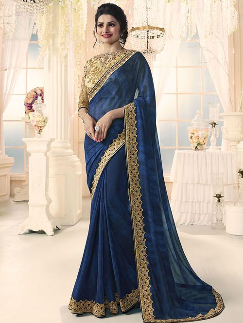 blue georgette printed saree with blouse - 14473244 - Very Small Image - 1