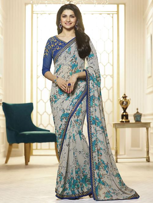 grey georgette printed saree with blouse - 14473262 - Very Small Image - 1