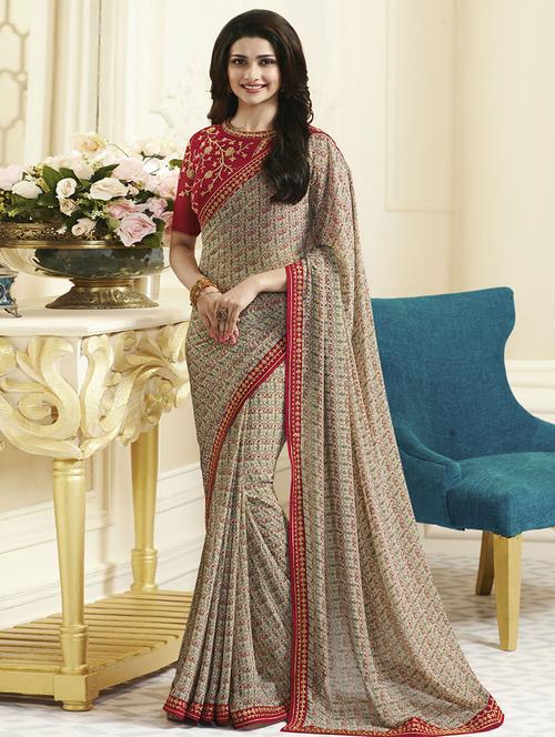 beige georgette printed saree with blouse - 14473263 - Very Small Image - 1