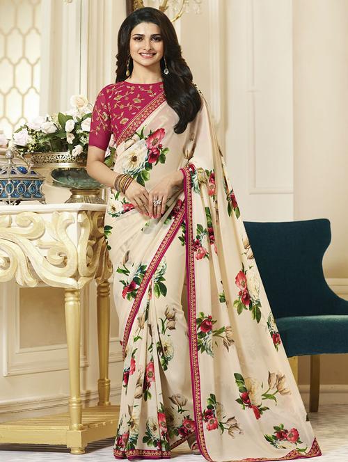 beige georgette printed saree with blouse - 14473265 - Very Small Image - 1