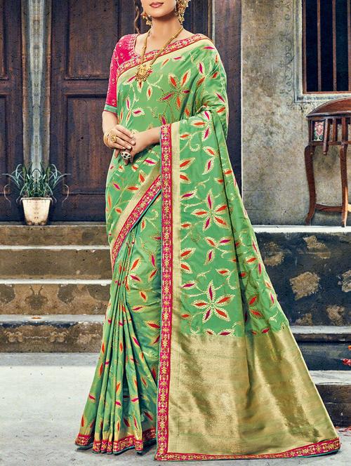 green raw silk woven saree with blouse - 14473315 - Standard Image - 1